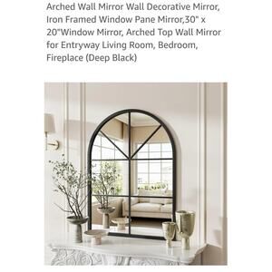 #6782 Arched Wall Mirror Iron Frame Window Pane 30"x20"  Arched Top (Deep Black)